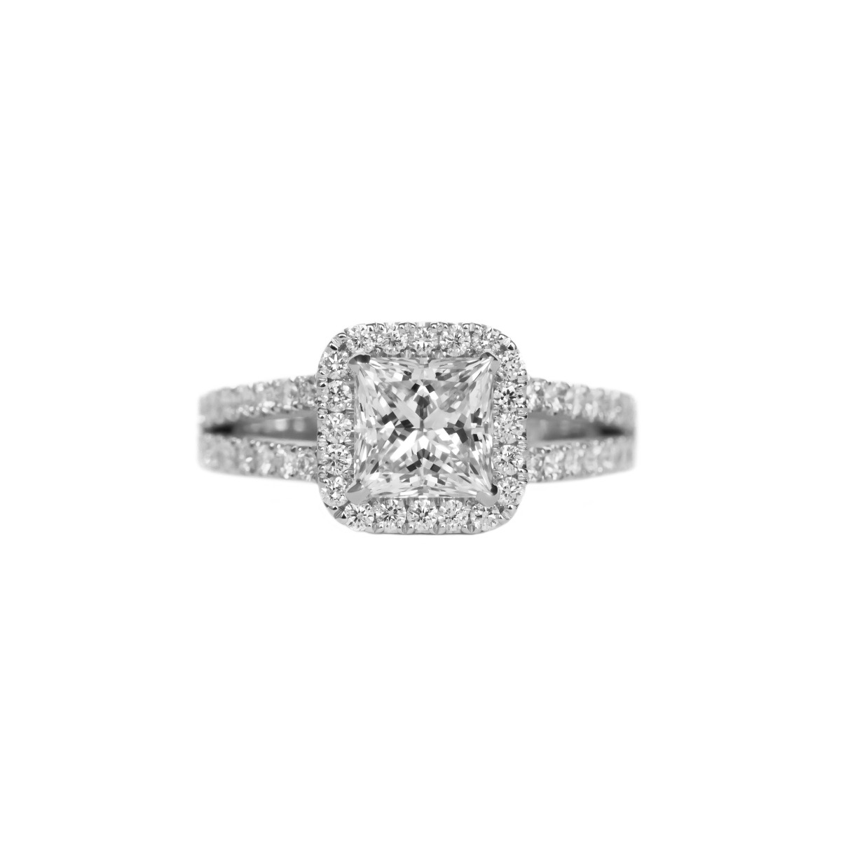 Halo Princess Cut Engagement Ring with Diamonds Along Split Shank in White Gold